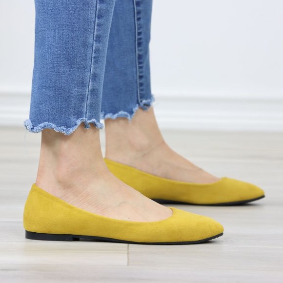 Mustard Yellow Faux Suede Wide Pointy Toe Slip On Flat Shoes - Picture 5 of 12